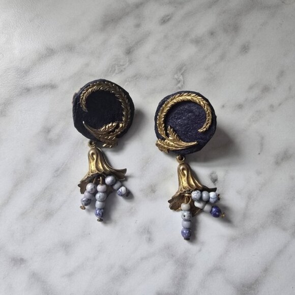 Vintage Jewelry - Vintage French Blue Beaded And Leather Gold and Mutlicolor Earrings